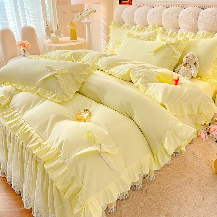 91家纺网 家纺一手货源 找家纺 后庭寝室 2025新款亲肤舒适柔软亲肤花边蝴蝶结四件套-如愿 如愿-米黄