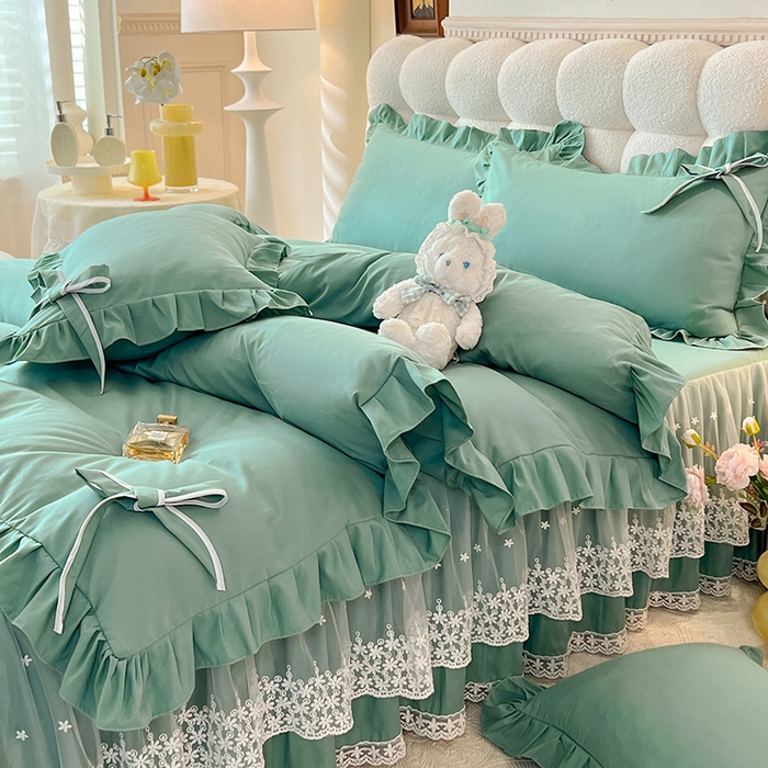 91家纺网 家纺一手货源 找家纺 后庭寝室 2025新款亲肤舒适柔软亲肤花边蝴蝶结四件套-如愿 如愿-绿色