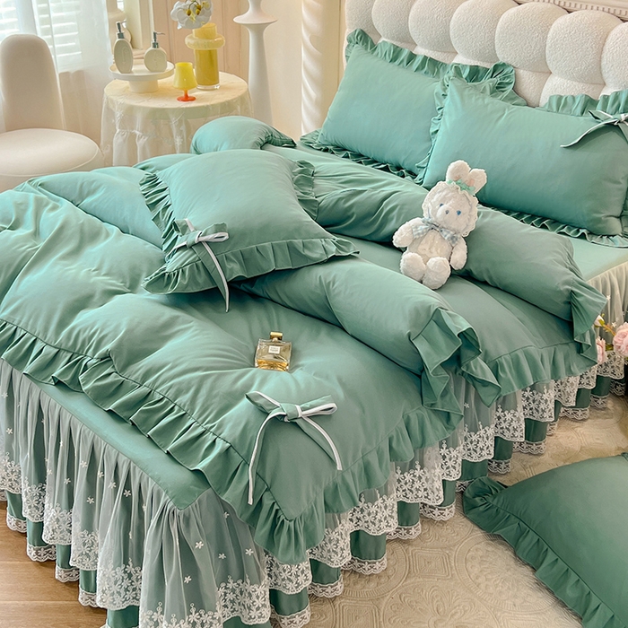 91家纺网 家纺一手货源 找家纺 后庭寝室 2025新款亲肤舒适柔软亲肤花边蝴蝶结四件套-如愿 如愿-绿色