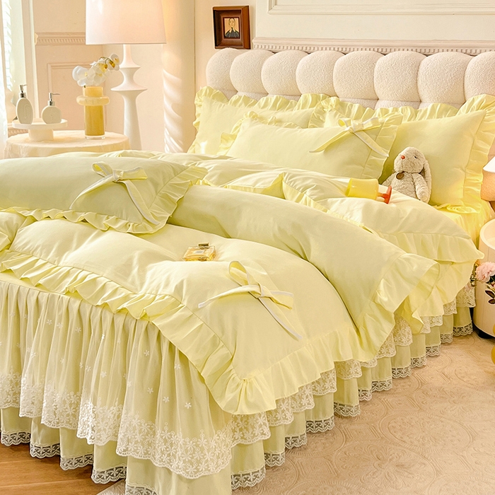 91家纺网 家纺一手货源 找家纺 后庭寝室 2025新款亲肤舒适柔软亲肤花边蝴蝶结四件套-如愿 如愿-米黄