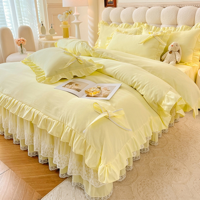 91家纺网 家纺一手货源 找家纺 后庭寝室 2025新款亲肤舒适柔软亲肤花边蝴蝶结四件套-如愿 如愿-米黄