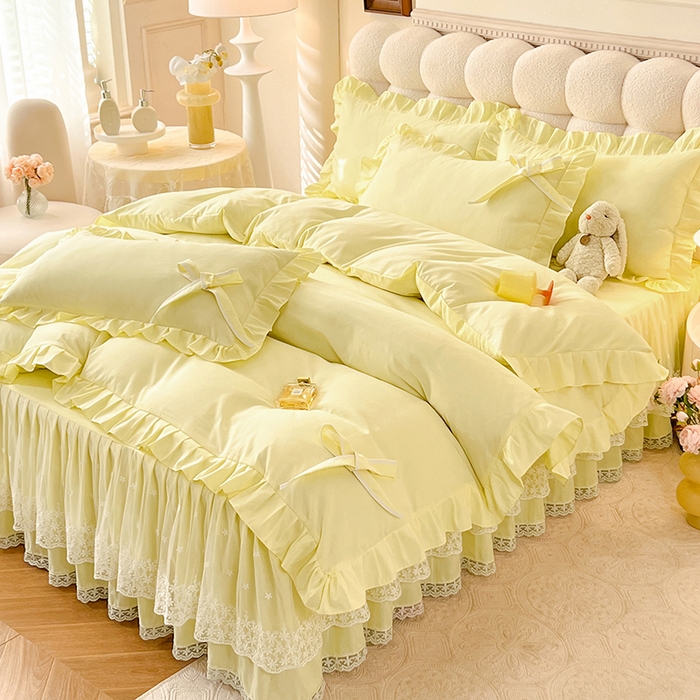 91家纺网 家纺一手货源 找家纺 后庭寝室 2025新款亲肤舒适柔软亲肤花边蝴蝶结四件套-如愿 如愿-米黄