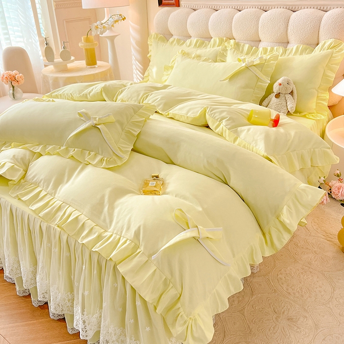 91家纺网 家纺一手货源 找家纺 后庭寝室 2025新款亲肤舒适柔软亲肤花边蝴蝶结四件套-如愿 如愿-米黄