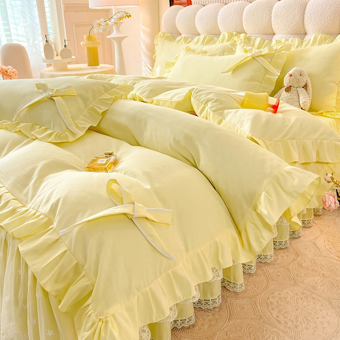 91家纺网 家纺一手货源 找家纺 后庭寝室 2025新款亲肤舒适柔软亲肤花边蝴蝶结四件套-如愿 如愿-米黄