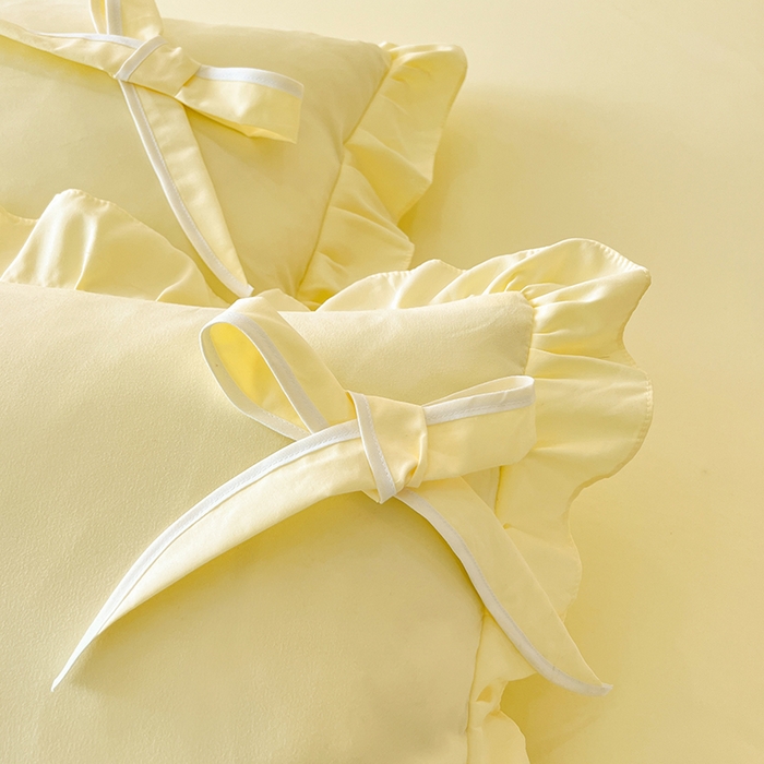 91家纺网 家纺一手货源 找家纺 后庭寝室 2025新款亲肤舒适柔软亲肤花边蝴蝶结四件套-如愿 如愿-米黄