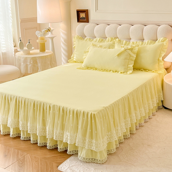 91家纺网 家纺一手货源 找家纺 后庭寝室 2025新款亲肤舒适柔软亲肤花边蝴蝶结四件套-如愿 如愿-米黄