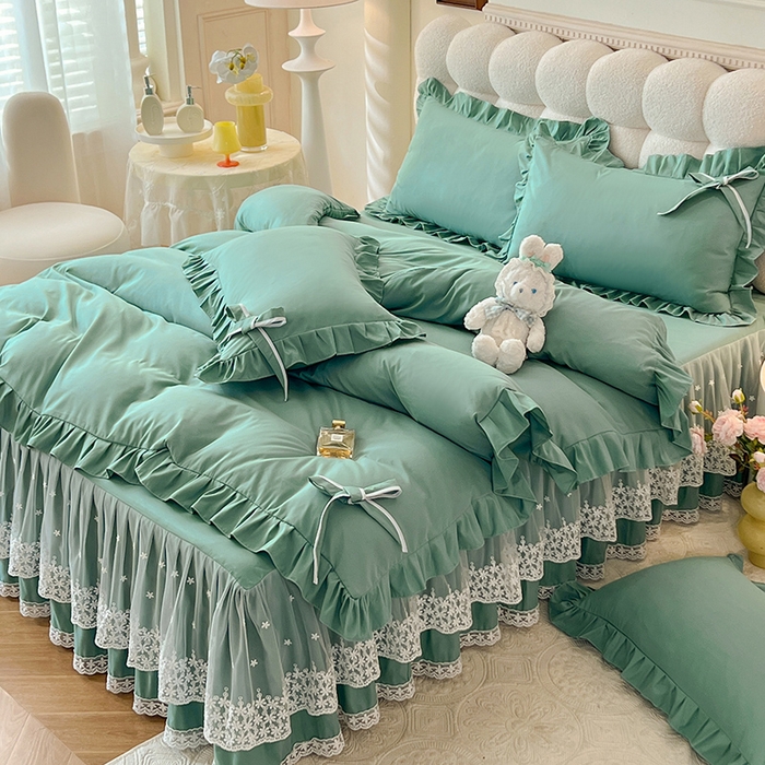 91家纺网 家纺一手货源 找家纺 后庭寝室 2025新款亲肤舒适柔软亲肤花边蝴蝶结四件套-如愿 如愿-绿色
