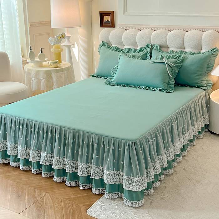 91家纺网 家纺一手货源 找家纺 后庭寝室 2025新款亲肤舒适柔软亲肤花边蝴蝶结四件套-如愿 如愿-绿色