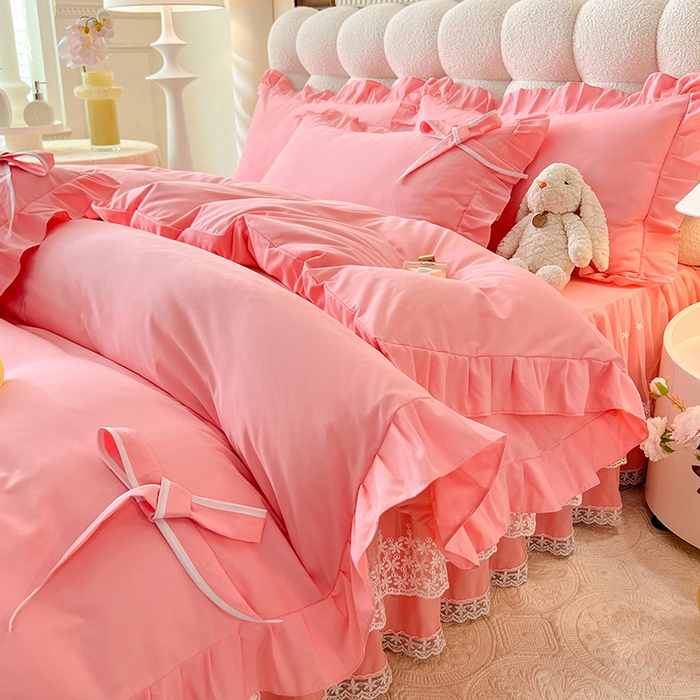 91家纺网 家纺一手货源 找家纺 后庭寝室 2025新款亲肤舒适柔软亲肤花边蝴蝶结四件套-如愿 如愿-粉玉