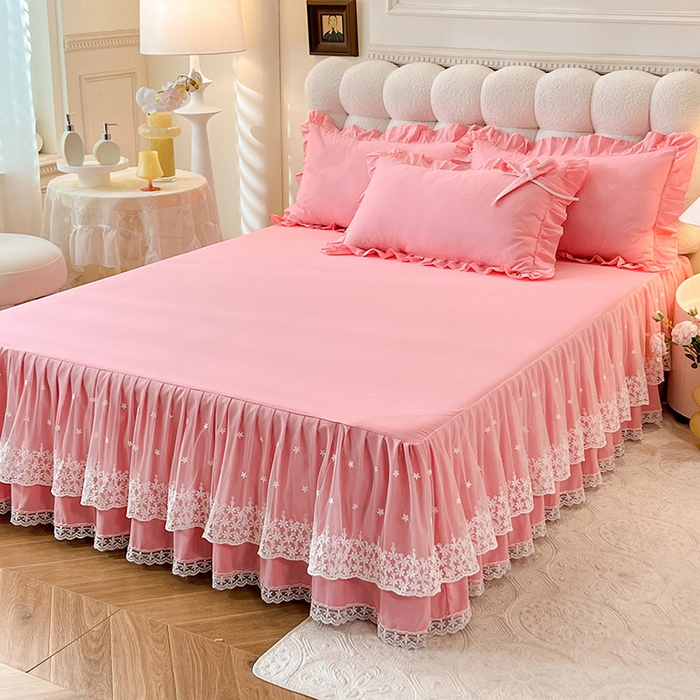 91家纺网 家纺一手货源 找家纺 后庭寝室 2025新款亲肤舒适柔软亲肤花边蝴蝶结四件套-如愿 如愿-粉玉