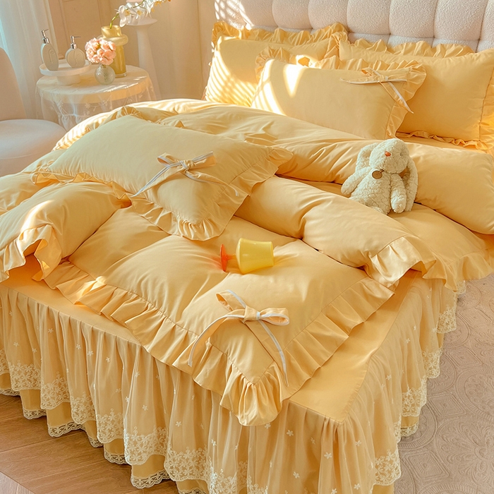 91家纺网 家纺一手货源 找家纺 后庭寝室 2025新款亲肤舒适柔软亲肤花边蝴蝶结四件套-如愿 如愿-嫩黄