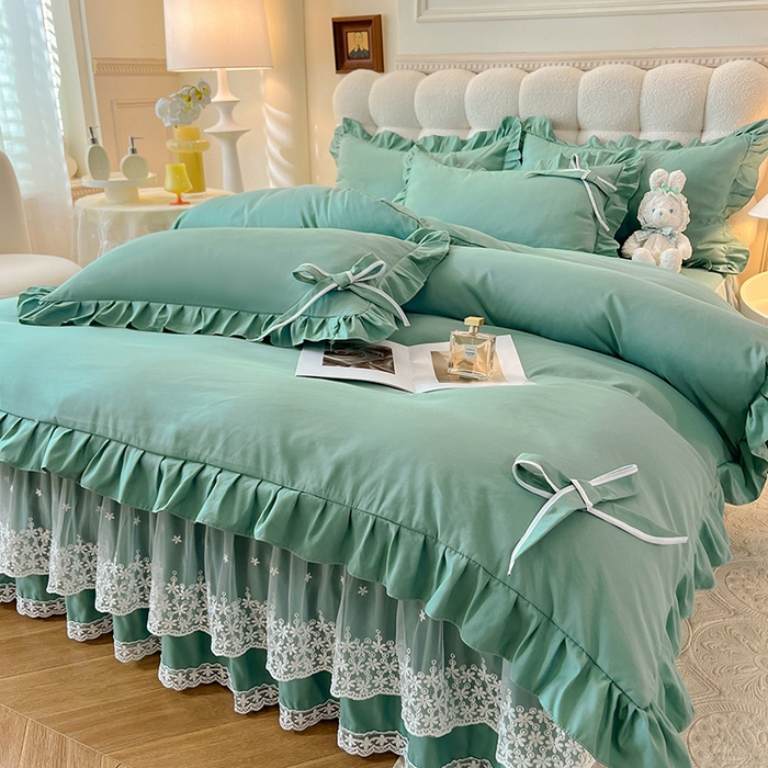 91家纺网 家纺一手货源 找家纺 后庭寝室 2025新款亲肤舒适柔软亲肤花边蝴蝶结四件套-如愿 如愿-绿色