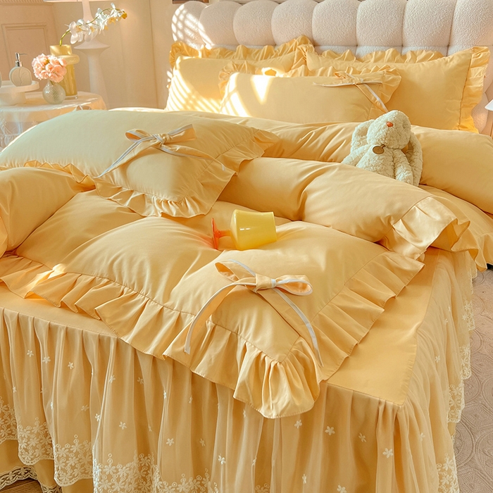 后庭寝室 2025新款亲肤舒适柔软亲肤花边蝴蝶结四件套-如愿 如愿-嫩黄