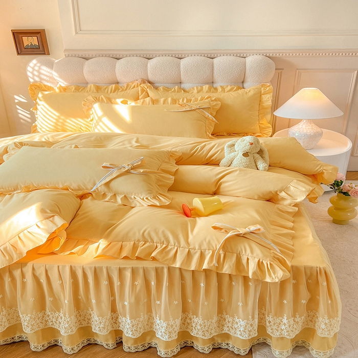 91家纺网 家纺一手货源 找家纺 后庭寝室 2025新款亲肤舒适柔软亲肤花边蝴蝶结四件套-如愿 如愿-嫩黄