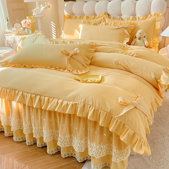 91家纺网 家纺一手货源 找家纺 后庭寝室 2025新款亲肤舒适柔软亲肤花边蝴蝶结四件套-如愿 如愿-嫩黄