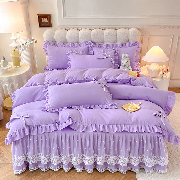 91家纺网 家纺一手货源 找家纺 后庭寝室 2025新款亲肤舒适柔软亲肤花边蝴蝶结四件套-如愿 如愿-浅紫