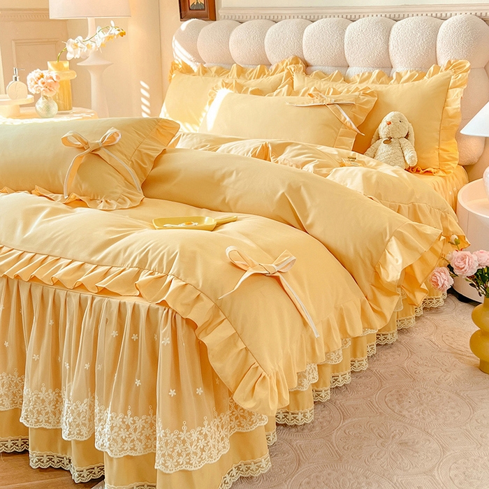 91家纺网 家纺一手货源 找家纺 后庭寝室 2025新款亲肤舒适柔软亲肤花边蝴蝶结四件套-如愿 如愿-嫩黄