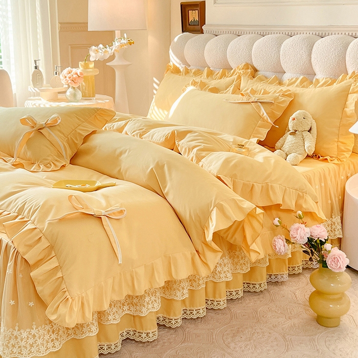 91家纺网 家纺一手货源 找家纺 后庭寝室 2025新款亲肤舒适柔软亲肤花边蝴蝶结四件套-如愿 如愿-嫩黄