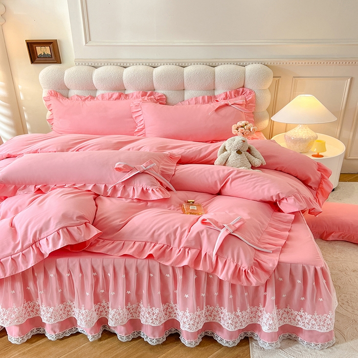 91家纺网 家纺一手货源 找家纺 后庭寝室 2025新款亲肤舒适柔软亲肤花边蝴蝶结四件套-如愿 如愿-粉玉