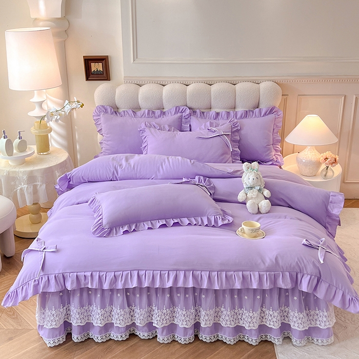 91家纺网 家纺一手货源 找家纺 后庭寝室 2025新款亲肤舒适柔软亲肤花边蝴蝶结四件套-如愿 如愿-浅紫