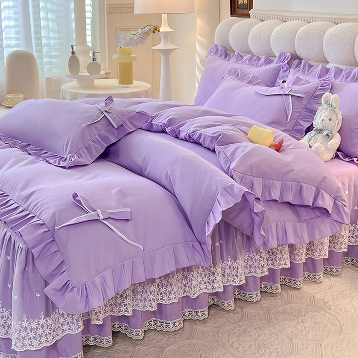 91家纺网 家纺一手货源 找家纺 后庭寝室 2025新款亲肤舒适柔软亲肤花边蝴蝶结四件套-如愿 如愿-浅紫
