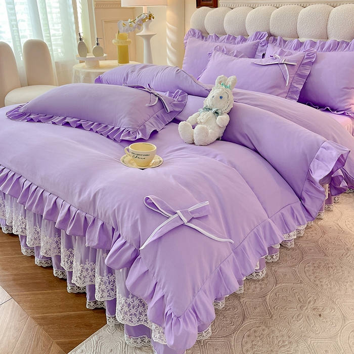 91家纺网 家纺一手货源 找家纺 后庭寝室 2025新款亲肤舒适柔软亲肤花边蝴蝶结四件套-如愿 如愿-浅紫