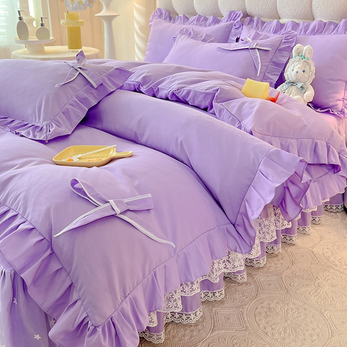 91家纺网 家纺一手货源 找家纺 后庭寝室 2025新款亲肤舒适柔软亲肤花边蝴蝶结四件套-如愿 如愿-浅紫