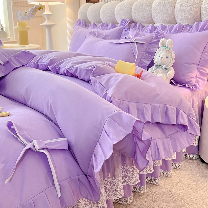 91家纺网 家纺一手货源 找家纺 后庭寝室 2025新款亲肤舒适柔软亲肤花边蝴蝶结四件套-如愿 如愿-浅紫