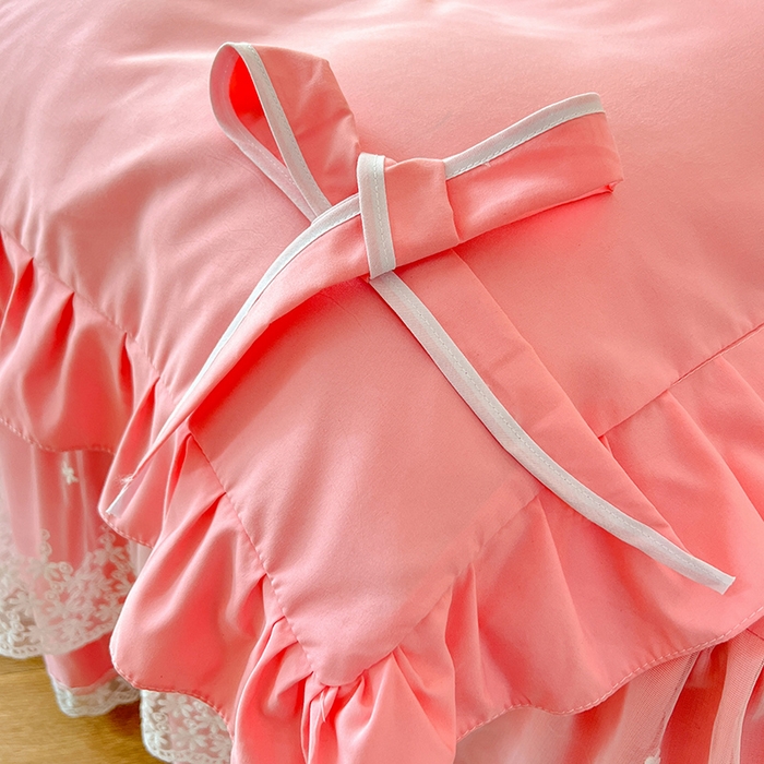 91家纺网 家纺一手货源 找家纺 后庭寝室 2025新款亲肤舒适柔软亲肤花边蝴蝶结四件套-如愿 如愿-粉玉