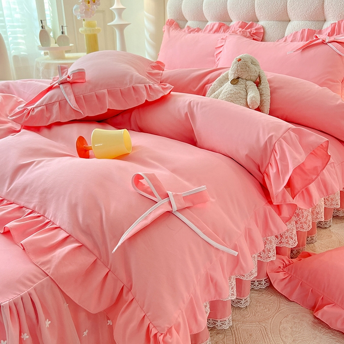 91家纺网 家纺一手货源 找家纺 后庭寝室 2025新款亲肤舒适柔软亲肤花边蝴蝶结四件套-如愿 如愿-粉玉