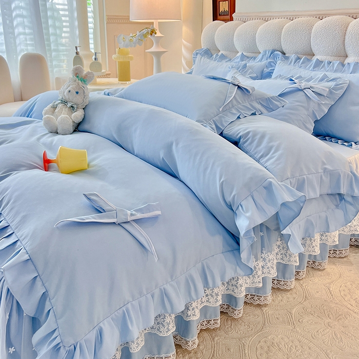 91家纺网 家纺一手货源 找家纺 后庭寝室 2025新款亲肤舒适柔软亲肤花边蝴蝶结四件套-如愿 如愿-浅蓝