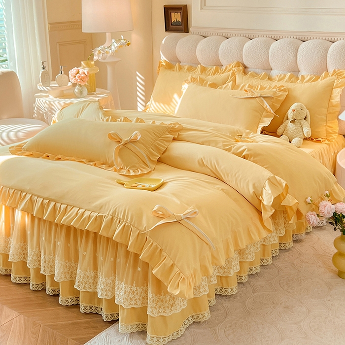 91家纺网 家纺一手货源 找家纺 后庭寝室 2025新款亲肤舒适柔软亲肤花边蝴蝶结四件套-如愿 如愿-嫩黄