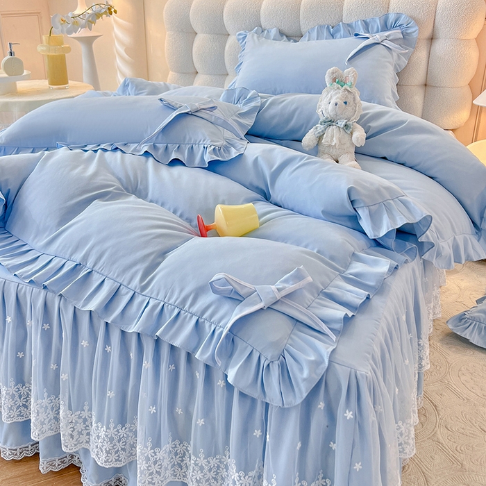 后庭寝室 2025新款亲肤舒适柔软亲肤花边蝴蝶结四件套-如愿 如愿-浅蓝