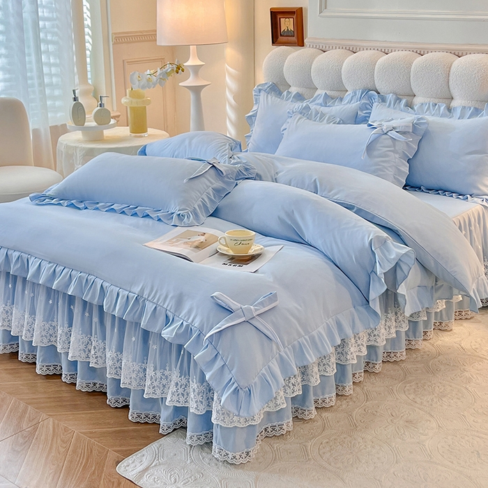 91家纺网 家纺一手货源 找家纺 后庭寝室 2025新款亲肤舒适柔软亲肤花边蝴蝶结四件套-如愿 如愿-浅蓝