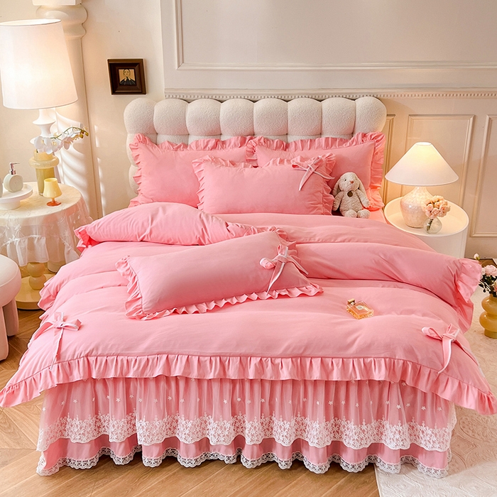 91家纺网 家纺一手货源 找家纺 后庭寝室 2025新款亲肤舒适柔软亲肤花边蝴蝶结四件套-如愿 如愿-粉玉