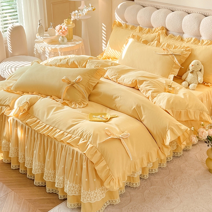 91家纺网 家纺一手货源 找家纺 后庭寝室 2025新款亲肤舒适柔软亲肤花边蝴蝶结四件套-如愿 如愿-嫩黄