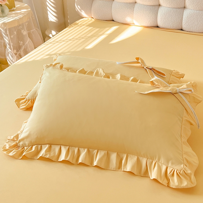 91家纺网 家纺一手货源 找家纺 后庭寝室 2025新款亲肤舒适柔软亲肤花边蝴蝶结四件套-如愿 如愿-嫩黄