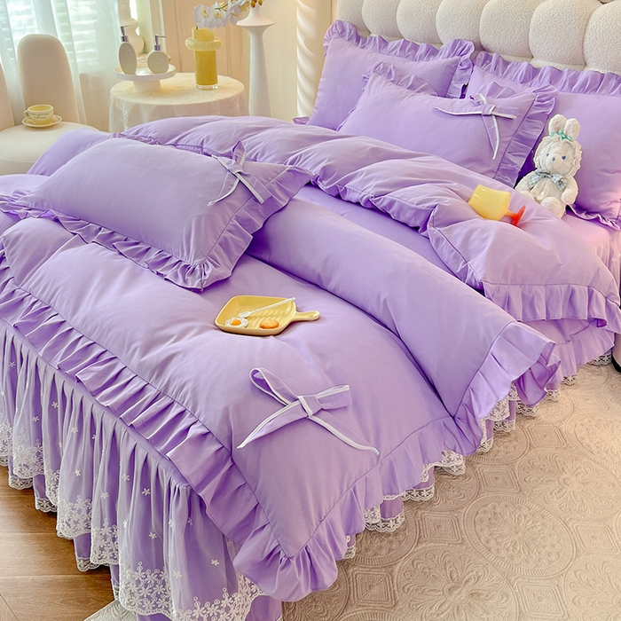 91家纺网 家纺一手货源 找家纺 后庭寝室 2025新款亲肤舒适柔软亲肤花边蝴蝶结四件套-如愿 如愿-浅紫