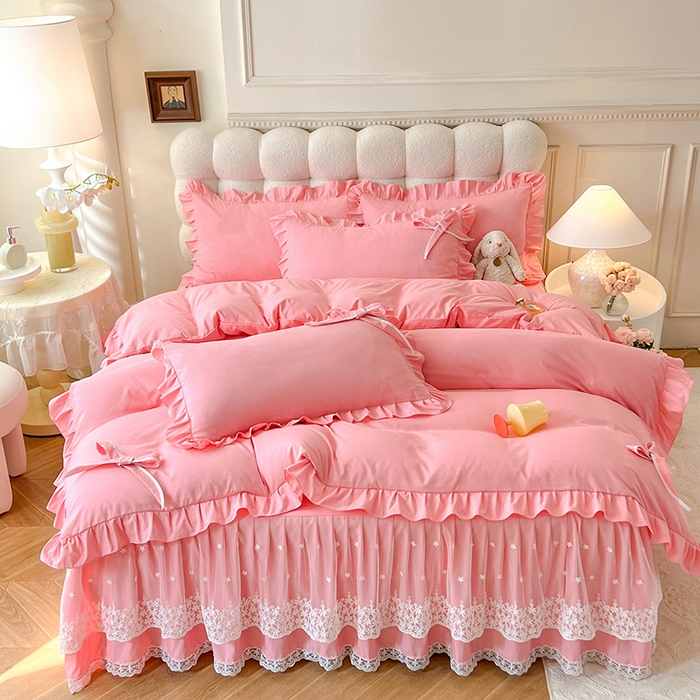 91家纺网 家纺一手货源 找家纺 后庭寝室 2025新款亲肤舒适柔软亲肤花边蝴蝶结四件套-如愿 如愿-粉玉