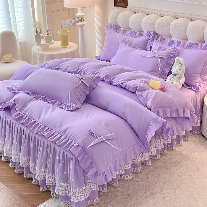 91家纺网 家纺一手货源 找家纺 后庭寝室 2025新款亲肤舒适柔软亲肤花边蝴蝶结四件套-如愿 如愿-浅紫