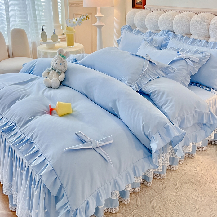 91家纺网 家纺一手货源 找家纺 后庭寝室 2025新款亲肤舒适柔软亲肤花边蝴蝶结四件套-如愿 如愿-浅蓝