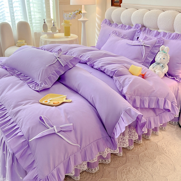91家纺网 家纺一手货源 找家纺 后庭寝室 2025新款亲肤舒适柔软亲肤花边蝴蝶结四件套-如愿 如愿-浅紫