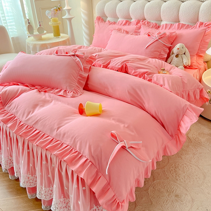 91家纺网 家纺一手货源 找家纺 后庭寝室 2025新款亲肤舒适柔软亲肤花边蝴蝶结四件套-如愿 如愿-粉玉