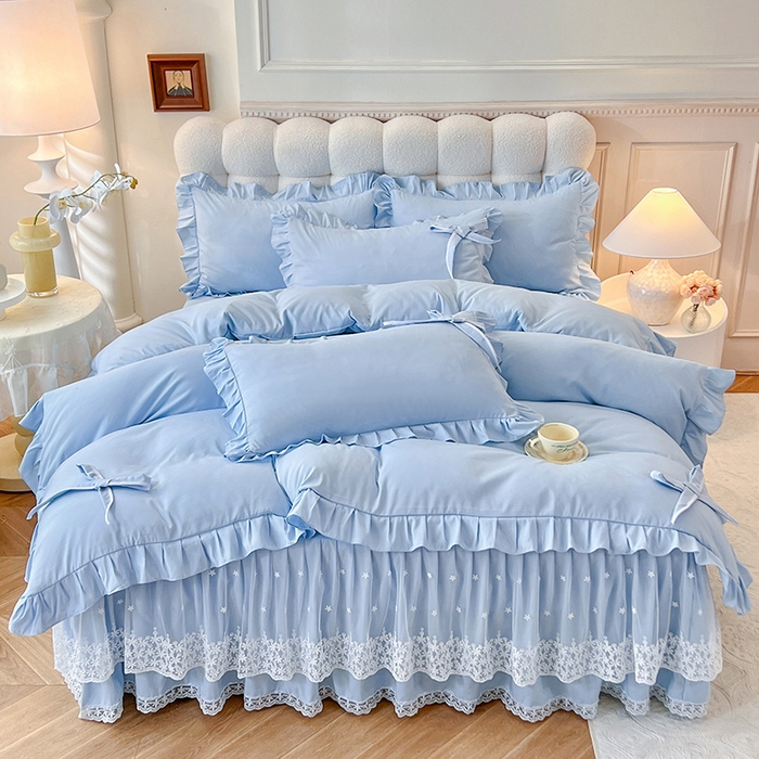 91家纺网 家纺一手货源 找家纺 后庭寝室 2025新款亲肤舒适柔软亲肤花边蝴蝶结四件套-如愿 如愿-浅蓝