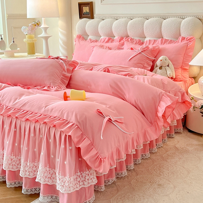 91家纺网 家纺一手货源 找家纺 后庭寝室 2025新款亲肤舒适柔软亲肤花边蝴蝶结四件套-如愿 如愿-粉玉