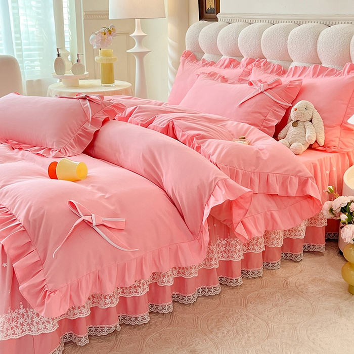 91家纺网 家纺一手货源 找家纺 后庭寝室 2025新款亲肤舒适柔软亲肤花边蝴蝶结四件套-如愿 如愿-粉玉