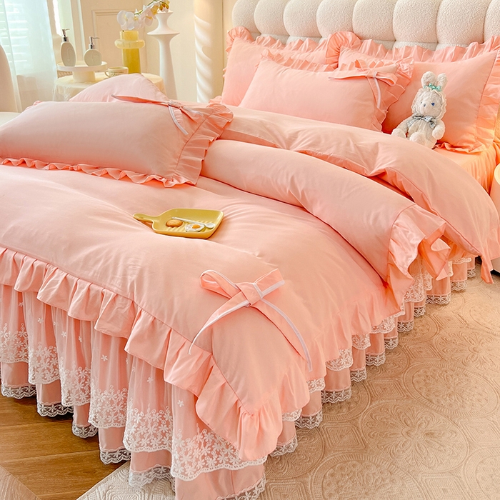 91家纺网 家纺一手货源 找家纺 后庭寝室 2025新款亲肤舒适柔软亲肤花边蝴蝶结四件套-如愿 如愿-玉色