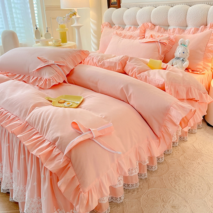 91家纺网 家纺一手货源 找家纺 后庭寝室 2025新款亲肤舒适柔软亲肤花边蝴蝶结四件套-如愿 如愿-玉色