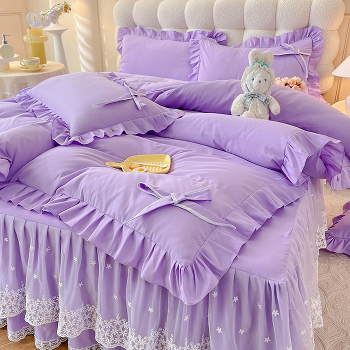 后庭寝室 2025新款亲肤舒适柔软亲肤花边蝴蝶结四件套-如愿 如愿-浅紫