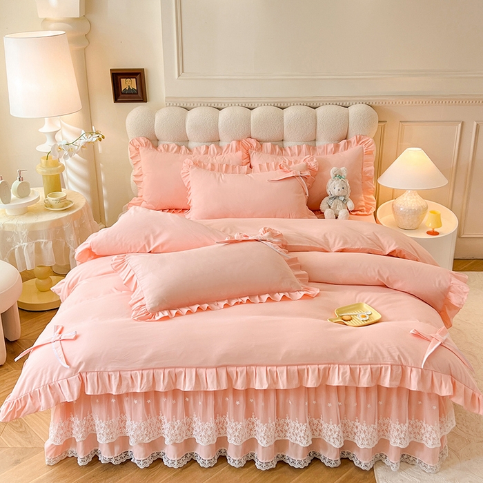 91家纺网 家纺一手货源 找家纺 后庭寝室 2025新款亲肤舒适柔软亲肤花边蝴蝶结四件套-如愿 如愿-玉色